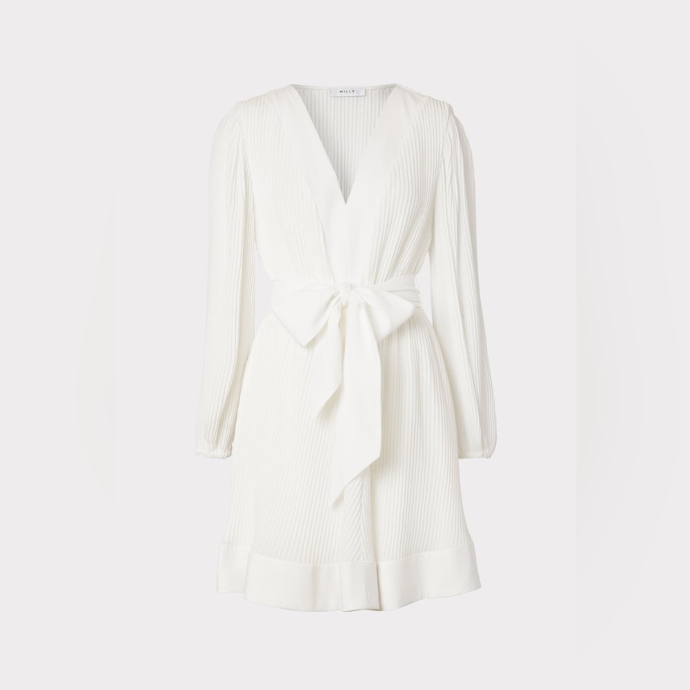 NWOT Milly Liv Long-Sleeve V-Neck Pleated Belted Mini Dress - Picture 6 of 16